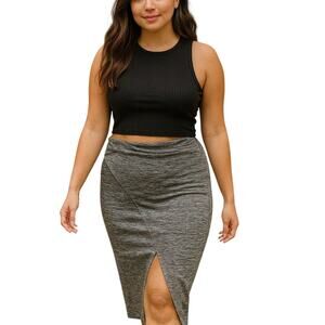 Glamorous Gray Marl Ruched Split Thigh Midi Stretch Skirt Y2K Size Medium